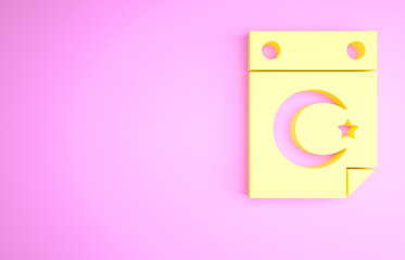 Yellow Star and crescent - symbol of Islam icon isolated on pink background. Religion symbol. Minimalism concept. 3d illustration 3D render.