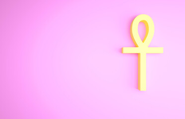 Yellow Cross ankh icon isolated on pink background. Minimalism concept. 3d illustration 3D render.