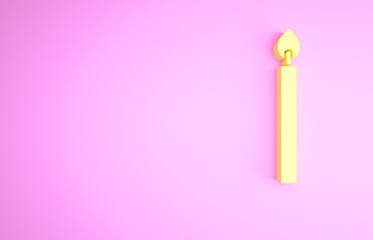 Yellow Burning candle icon isolated on pink background. Cylindrical candle stick with burning flame. Minimalism concept. 3d illustration 3D render.