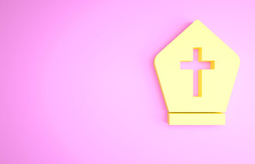 Obraz premium Yellow Pope hat icon isolated on pink background. Christian hat sign. Minimalism concept. 3d illustration 3D render.