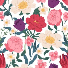 Gorgeous seamless floral pattern with peony roses, tulips and eucalyptus. Endless design with elegant spring flowers for printing. Repeatable botanical backdrop. Colorful flat vector illustration