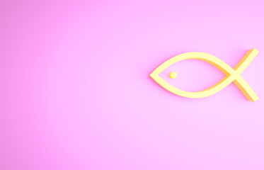 Yellow Christian fish symbol icon isolated on pink background. Jesus fish symbol. Minimalism concept. 3d illustration 3D render.