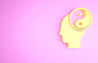 Yellow Yin Yang symbol of harmony and balance icon isolated on pink background. Minimalism concept. 3d illustration 3D render.
