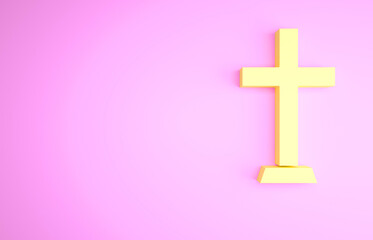 Yellow Christian cross icon isolated on pink background. Church cross. Minimalism concept. 3d illustration 3D render.