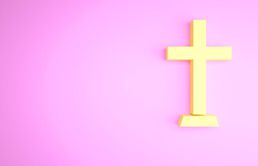 Obraz premium Yellow Christian cross icon isolated on pink background. Church cross. Minimalism concept. 3d illustration 3D render.