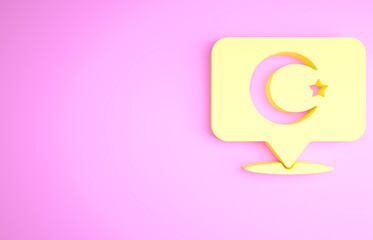 Yellow Star and crescent - symbol of Islam icon isolated on pink background. Religion symbol. Minimalism concept. 3d illustration 3D render.