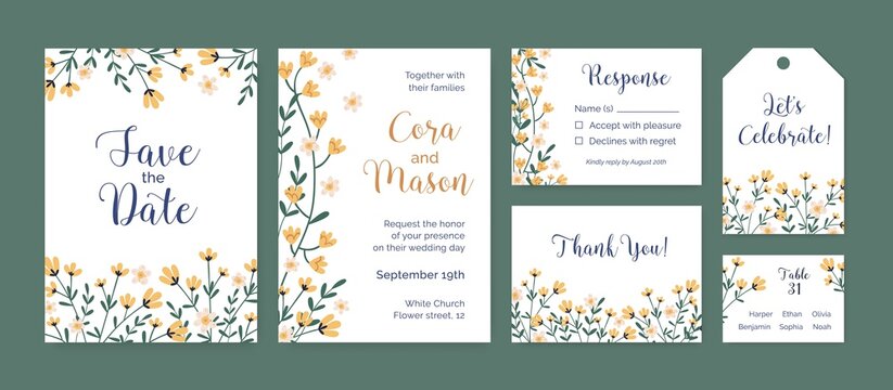 Set of vertical and horizontal card templates and labels with floral border and place for text. Design of wedding invitation decorated with elegant wild yellow flowers. Flat vector illustration