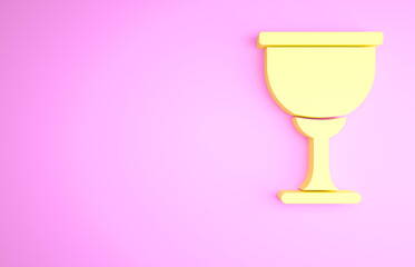 Yellow Holy grail or chalice icon isolated on pink background. Christian chalice. Christianity icon. Minimalism concept. 3d illustration 3D render.