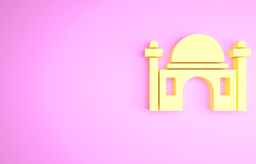 Yellow Muslim Mosque icon isolated on pink background. Minimalism concept. 3d illustration 3D render.