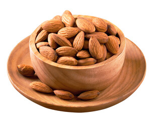 Almond peeled in wooden cups isolated on white background