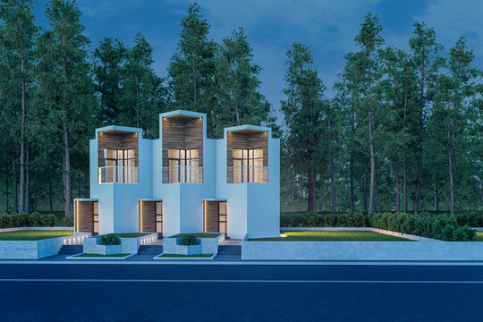 3d rendering of modern light townhouse cozy small house for sale or rent with many grass on lawn. In evening with a dark blue sky. Perspective street view