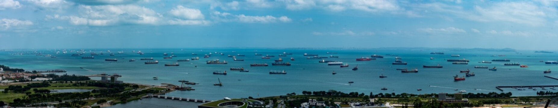 Ships waiting in Singapore harbor during COVID pandemic lockdown