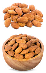 Almond peeled in wooden cups isolated on white background