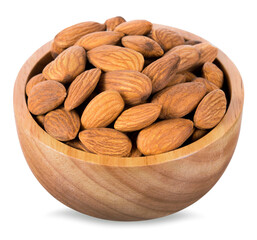 Almond peeled in wooden cups isolated on white background