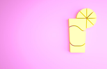 Yellow Tequila glass with lemon icon isolated on pink background. Mexican alcohol drink. Minimalism concept. 3d illustration 3D render.