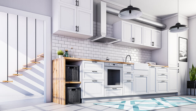 Scandinavian open style kitchen in white color, white tiles