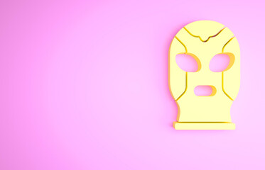 Yellow Mexican wrestler icon isolated on pink background. Minimalism concept. 3d illustration 3D render.