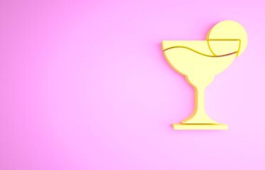 Yellow Margarita cocktail glass with lime icon isolated on pink background. Minimalism concept. 3d illustration 3D render.