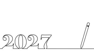 One line drawing style with a pen on the right and 2027 on the left, the year of the lord. Concept about writing, simply, yearly, celebrating, anniversary and etc. 