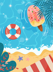 Cartoon summer beach background. with ice cream float, sea stars and palms. vector illustration