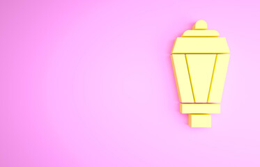 Fototapeta na wymiar Yellow Garden light lamp icon isolated on pink background. Solar powered lamp. Lantern. Street lamp. Minimalism concept. 3d illustration 3D render.