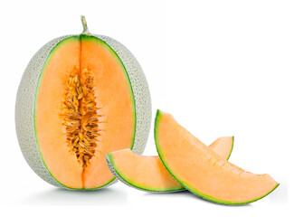 cantaloupe melon with seeds isolated on a white background