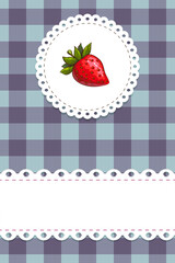 round strawberry label on blue chequered background with scallop border and lacy doily frame vector banner. colorful strawberry jam packaging, logo design element in retro country style. Illustration.