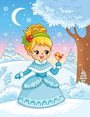 Obraz na płótnie Canvas Cute princess in a cartoon style in snow forest and holding a bird in her hands.