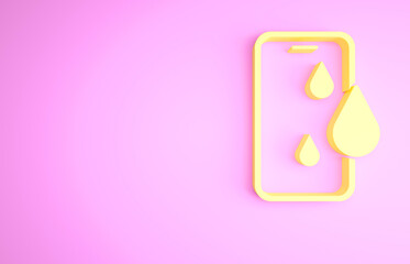 Yellow Waterproof mobile phone icon isolated on pink background. Smartphone with drop of water. Minimalism concept. 3d illustration 3D render.