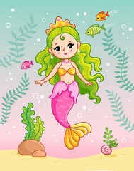 Mermaid princess underwater among the seaweed and fish.