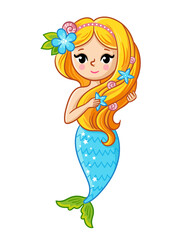 Obraz na płótnie Canvas Cute mermaid with a blue tail on a white background strokes her lush hair.
