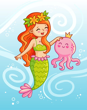 Cute mermaid holds an octopus underwater in her hands.