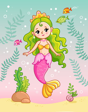 Mermaid princess underwater among the seaweed and fish.