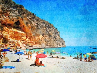 A glimpse of one of the beaches of Sardinia with tourists relaxing in the summer. Digital watercolors