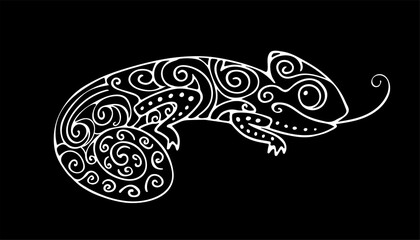 Doodle Black and White Stylized Chameleon Isolated on Black background. Hand Drawn Reptile Vector Illustration in Cartoon Style. Sketch for Tattoo or Print. Tropical Animal Collection. 