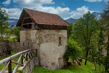 Ancient watermill in the Dolomites mountains