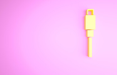 Yellow USB cable cord icon isolated on pink background. Connectors and sockets for PC and mobile devices. Minimalism concept. 3d illustration 3D render.