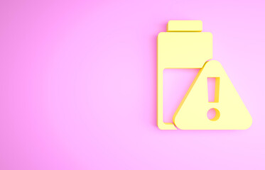 Yellow Smartphone battery charge icon isolated on pink background. Phone with a low battery charge. Minimalism concept. 3d illustration 3D render.