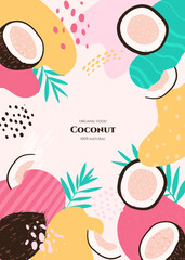 Vector frame with doodle coconut and abstract elements. Hand drawn illustrations.
