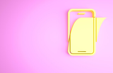 Yellow Glass screen protector for smartphone icon isolated on pink background. Protective film for glass. Transparent soft glass for mobile phone. Minimalism concept. 3d illustration 3D render.