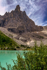 View of the Sorapis lake in the Dolomites mountain.