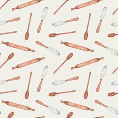 Seamless watercolor pattern with kitchen utensils, baking tools.