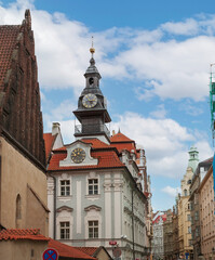 The clock with Hebrew and Roman faces on the old Jewish Town hall in the Josefov, or Jewish Quarter, Prague, Czech Republic