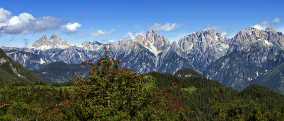 Panoramic view of the Dolomites mountains in summer