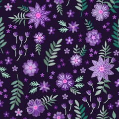 Embroidery seamless pattern with violet wild flowers and green leaves