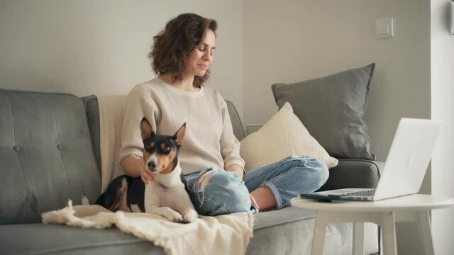 A young cheerful woman is taking a video call on a laptop while sitting on a couch with her cute basenji dog in a living room.