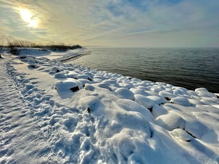 Obraz premium Baltic Sea winter coast beach Daugavgriva Latvia
