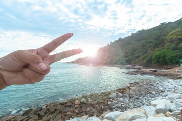 Beautiful sunset seascape with Khao Laem Ya, Rayong, Thailand.