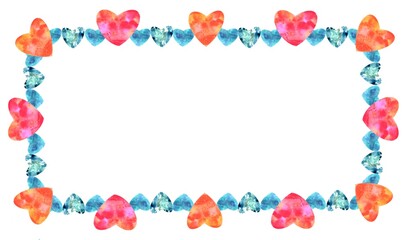 Rectangular frame of bright watercolor hearts of different sizes in red, pink, blue and emerald colors. Greeting card or invitation to the wedding or Valentine’s Day