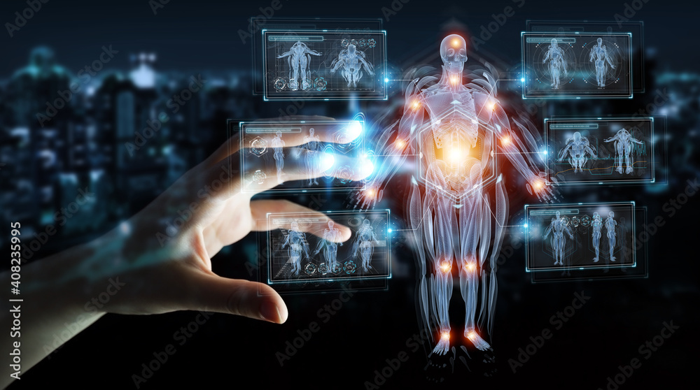 Wall mural man hand using digital x-ray human body holographic scan projection 3d rendering